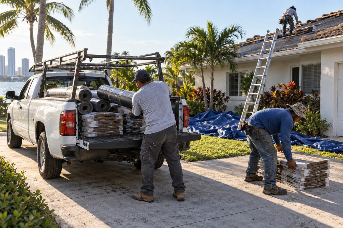 Roofing crew unloading underlayment and shingle bundles from a work truck at a Miami house
