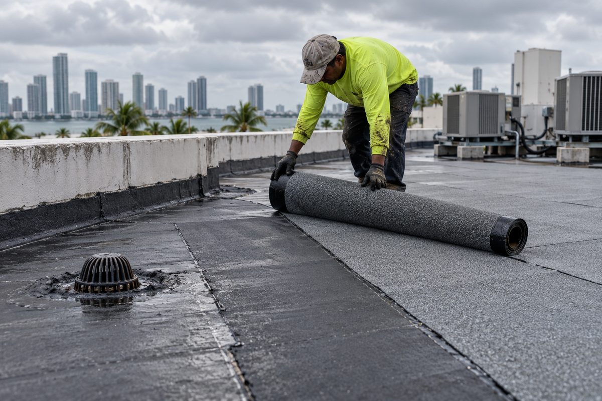 Roofer rolling out modified bitumen membrane on a commercial flat roof