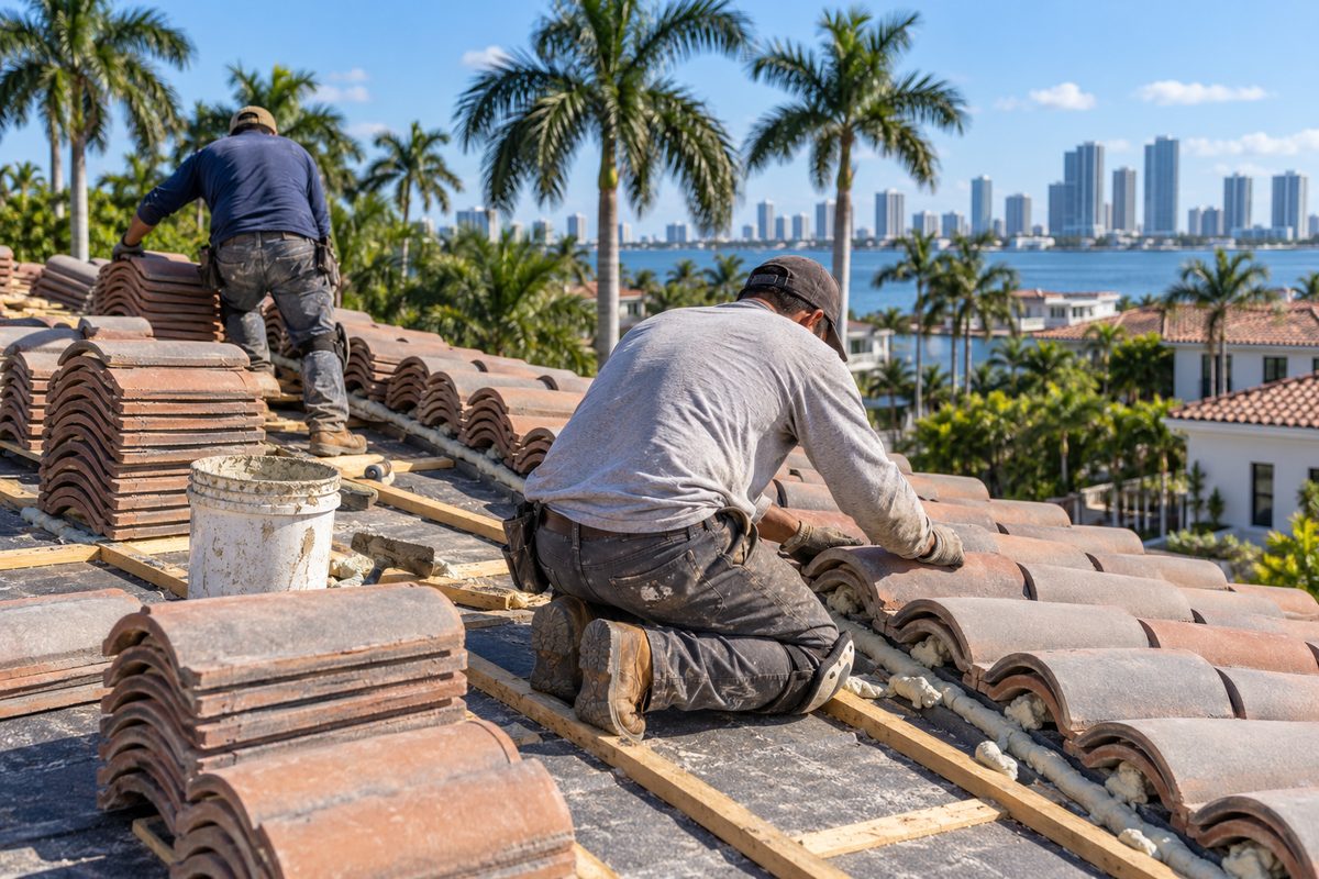 Two roofers setting concrete barrel tile on a pitched house roof in Miami