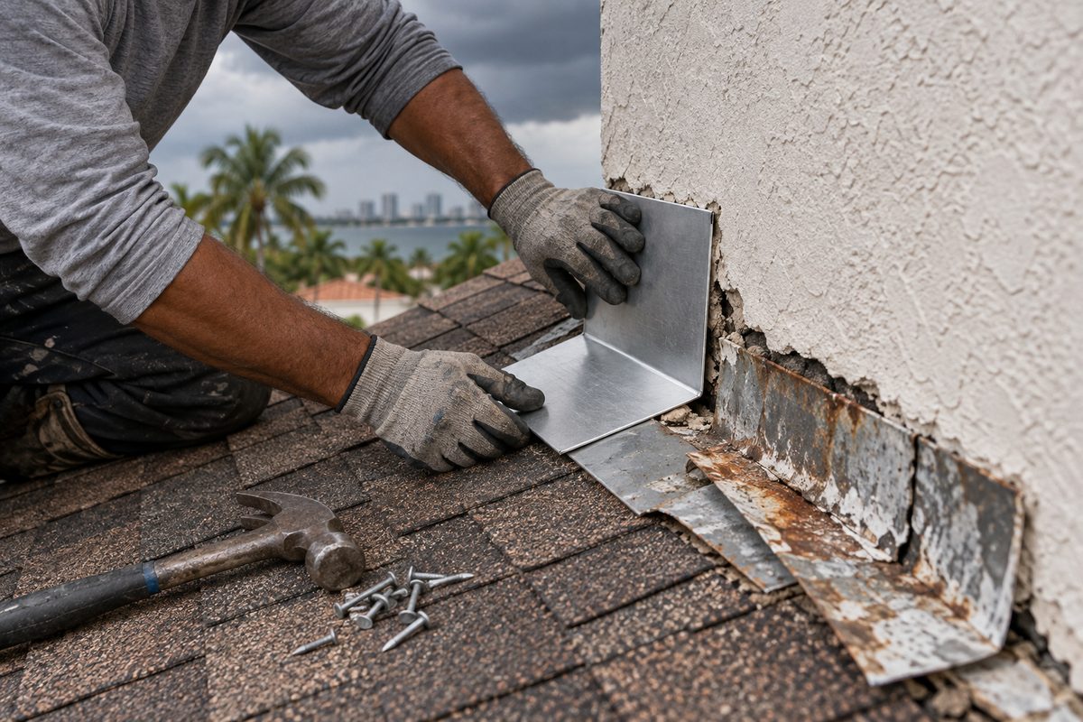 Gloved hands fitting new metal flashing where a roof meets a stucco wall