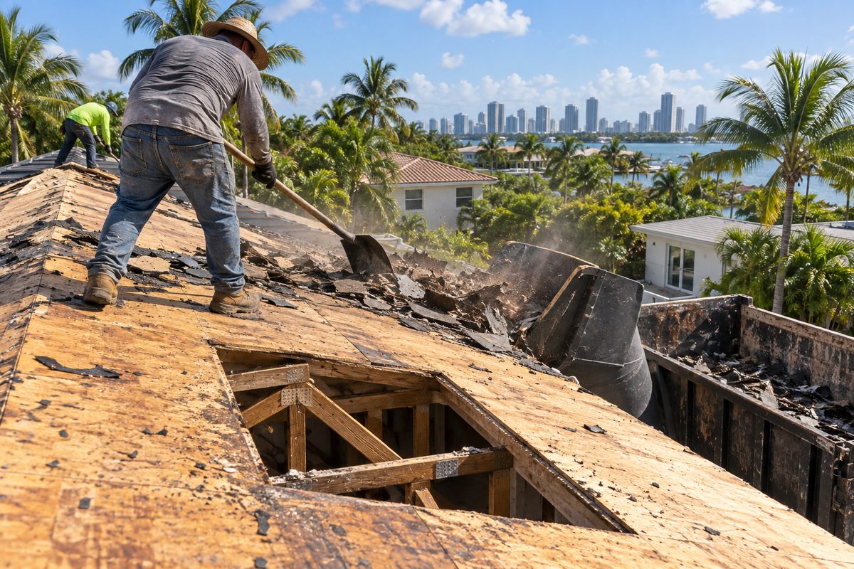 Roof stripped to the plywood deck with a water-damaged sheet cut out during a tear-off
