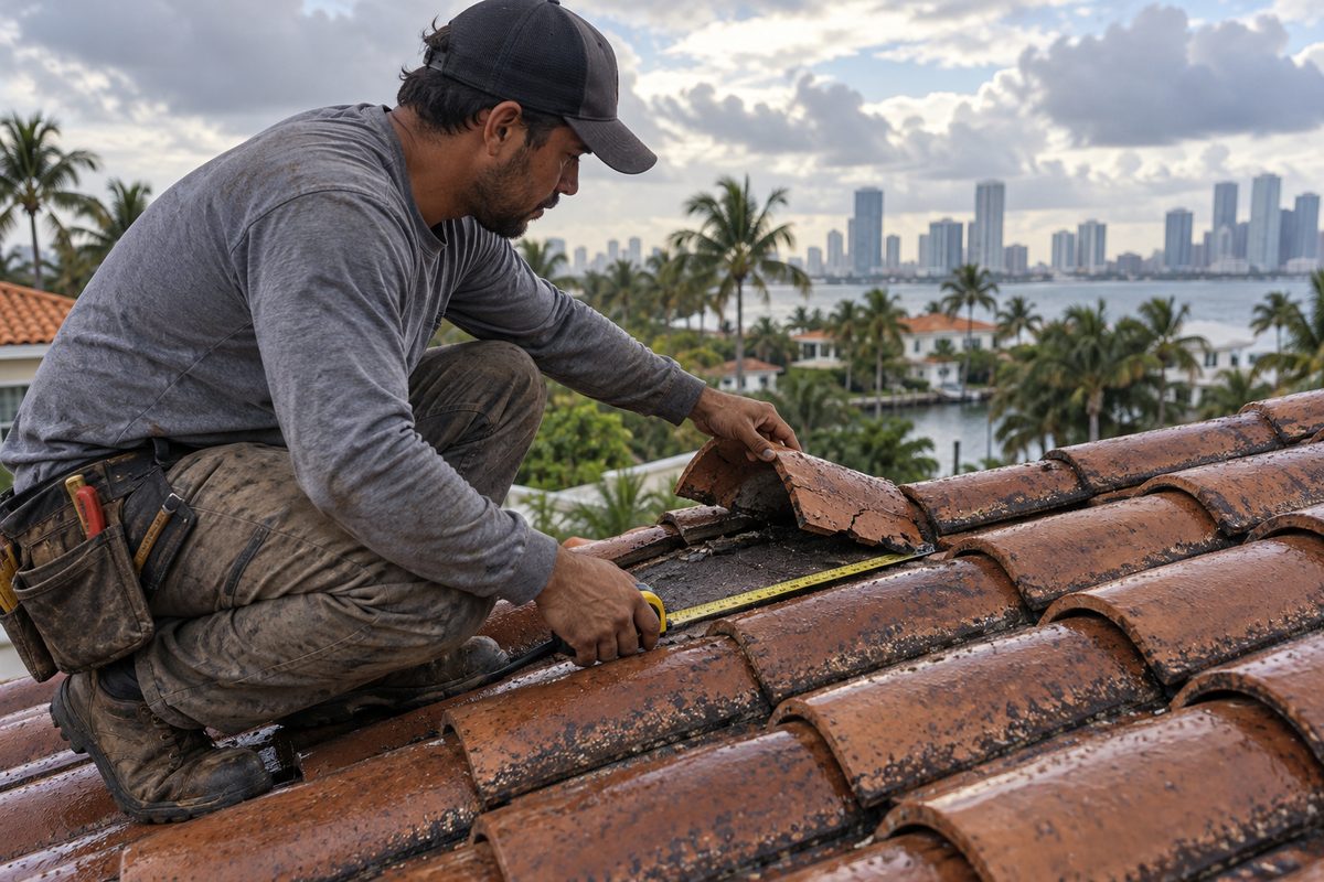 Roofer lifting a cracked barrel tile to inspect the underlayment and measuring the roof