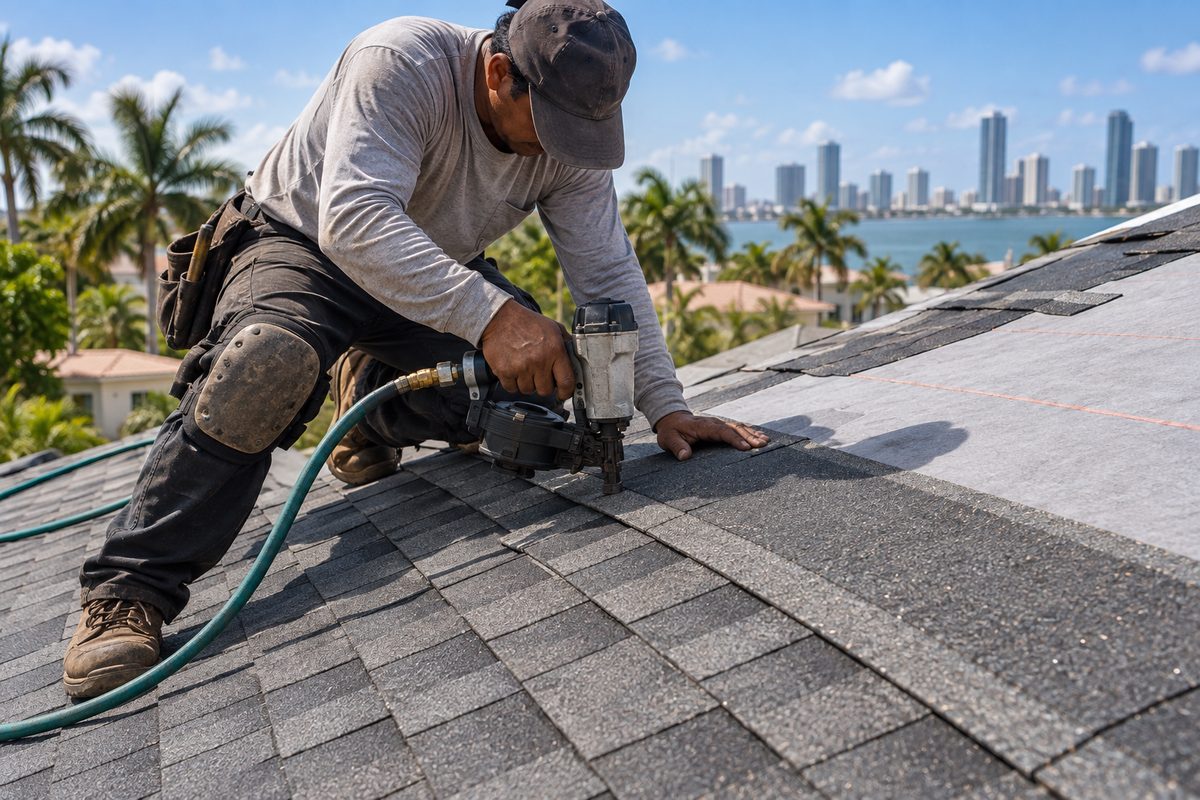 Roofer nailing slate-grey architectural shingles over synthetic underlayment