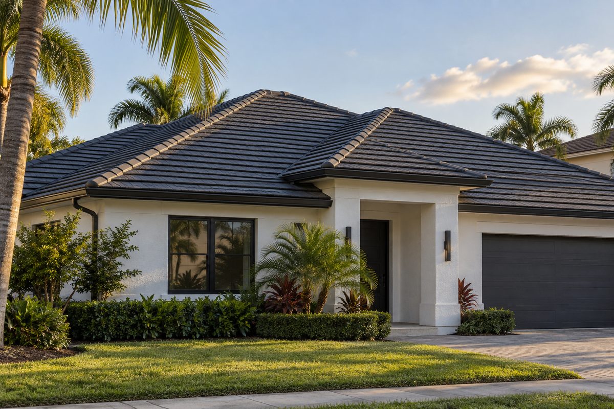 Finished charcoal concrete tile roof on a white stucco house in Miami
